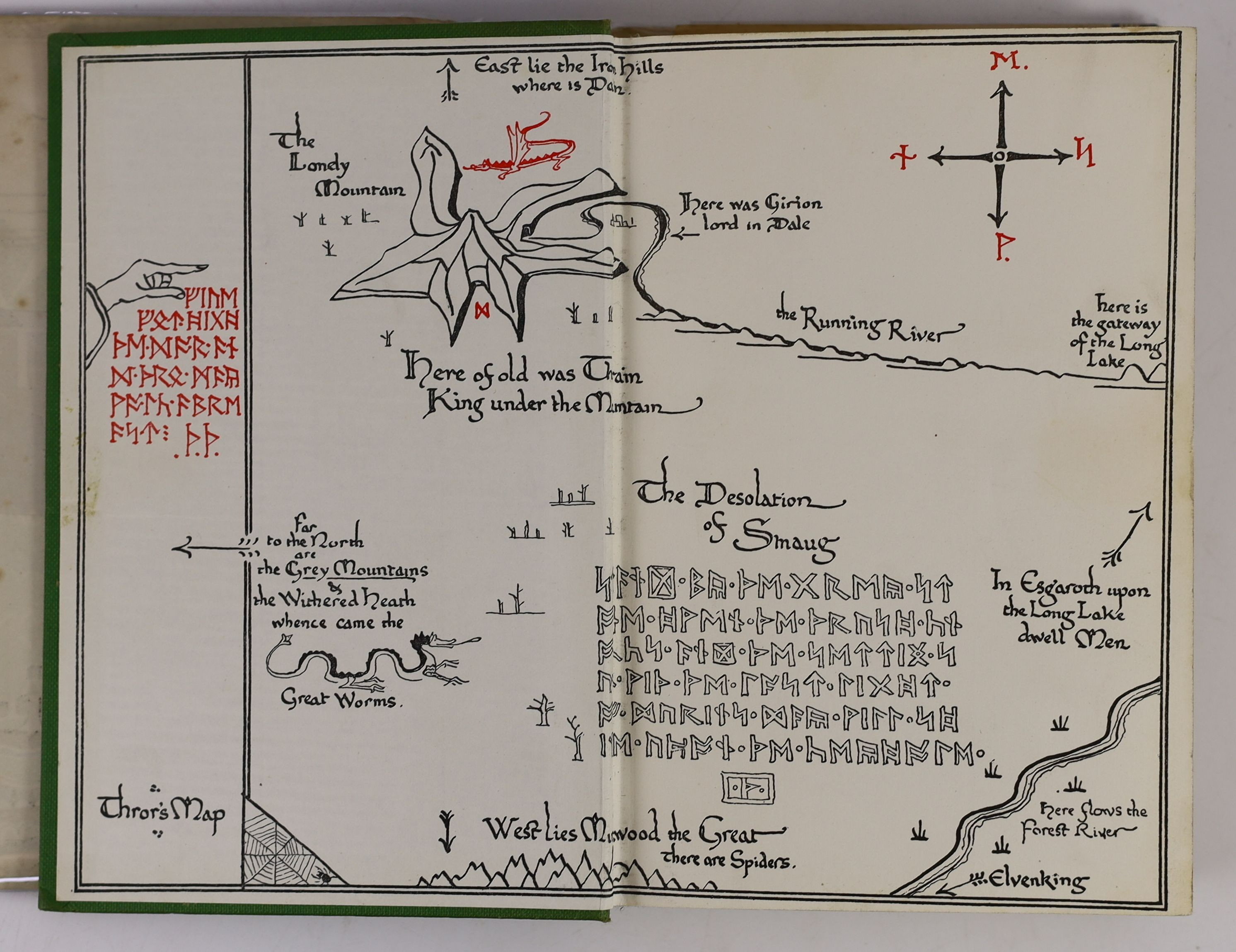 Tolkien, John Ronald Reuel - The Hobbit, 2nd edition, 9th impression, with colour frontispiece, map endpapers, original green cloth in unclipped d/j, with loss to foot of spine, bookplate to half title, covering an earli